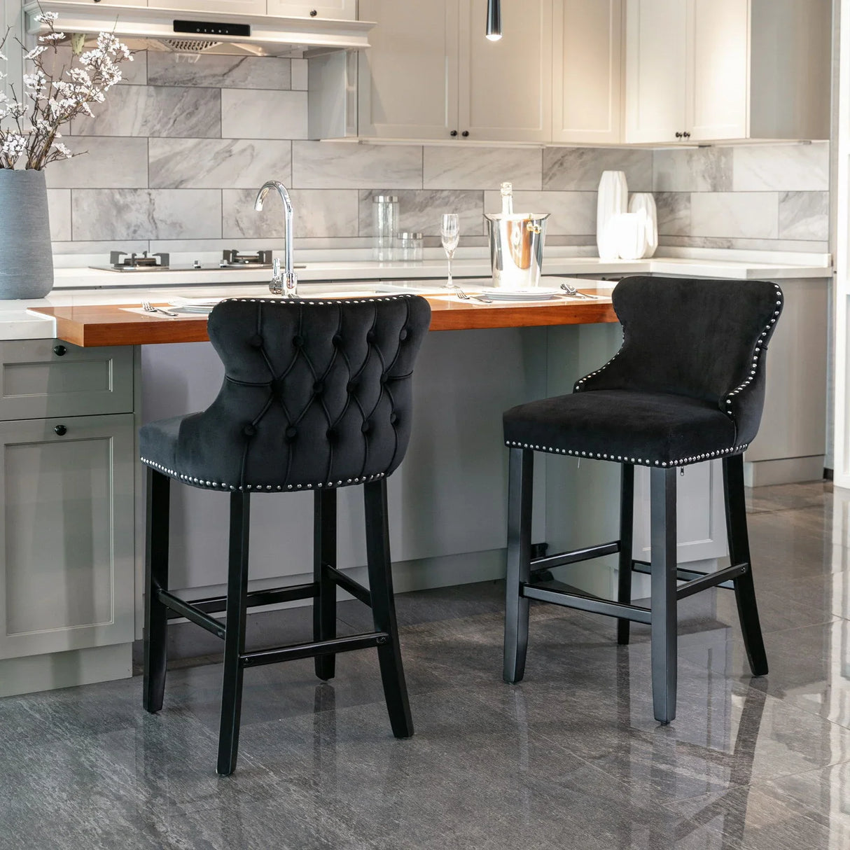 Contemporary Velvet Upholstered Wing-Back Barstools With Button Tufted Decoration And Wooden Legs, And Chrome Nailhead Trim, Leisure Style Bar Chairs, Bar Stools (Set of 2) - Furniture Home Direct