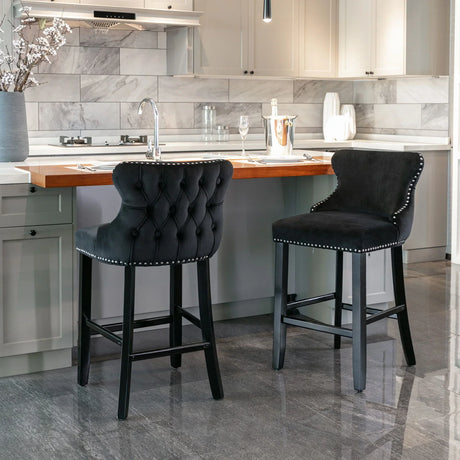Contemporary Velvet Upholstered Wing-Back Barstools With Button Tufted Decoration And Wooden Legs, And Chrome Nailhead Trim, Leisure Style Bar Chairs, Bar Stools (Set of 2) - Furniture Home Direct