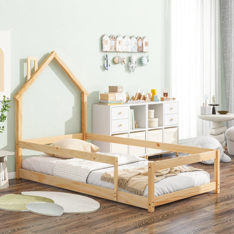 Wood Bed With House Shaped Headboard Floor Bed With Fences - Furniture Home Direct