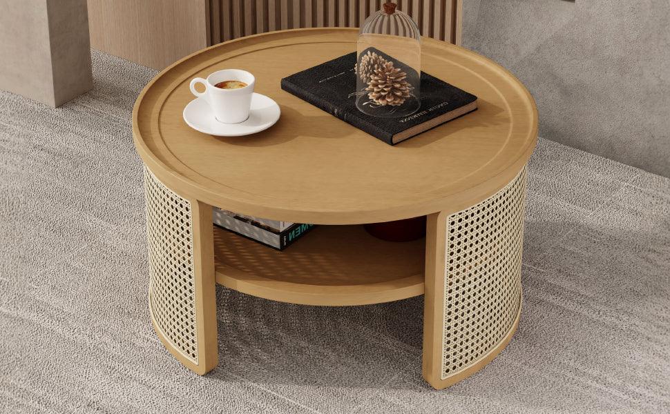 Round Coffee Table With Storage Caned Sides Natural - Furniture Home Direct