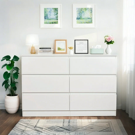 Modern 6 Drawer Dresser With Spacious Countertop And Concealed Handles, Storage Cabinet For Bedroom And Living Room - White - Furniture Home Direct