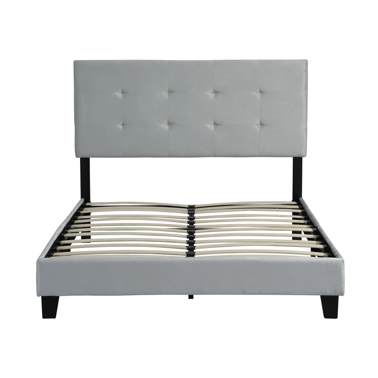 Queen Size Upholstered Platform Bed Frame With Pull Point Tufted Headboard, Strong Slat Support, Mattress Foundation, No Box Spring Needed - Gray - Furniture Home Direct