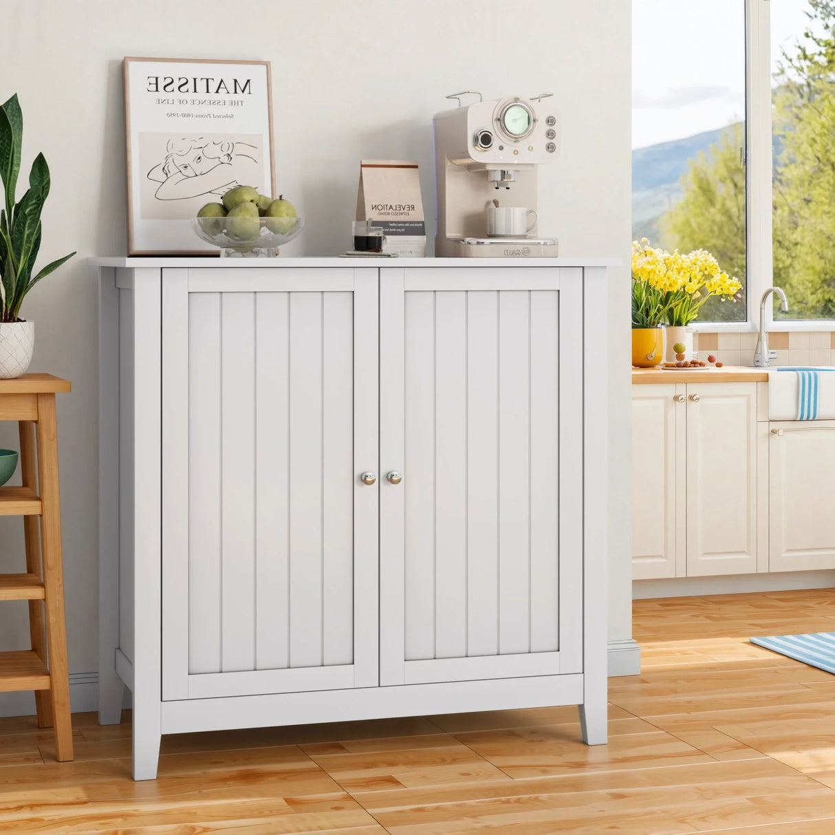 Mid Century Modern Double Door Storage Cabinet With Knobs - White - Furniture Home Direct