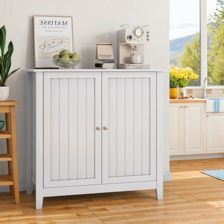 Mid Century Modern Double Door Storage Cabinet With Knobs - White - Furniture Home Direct