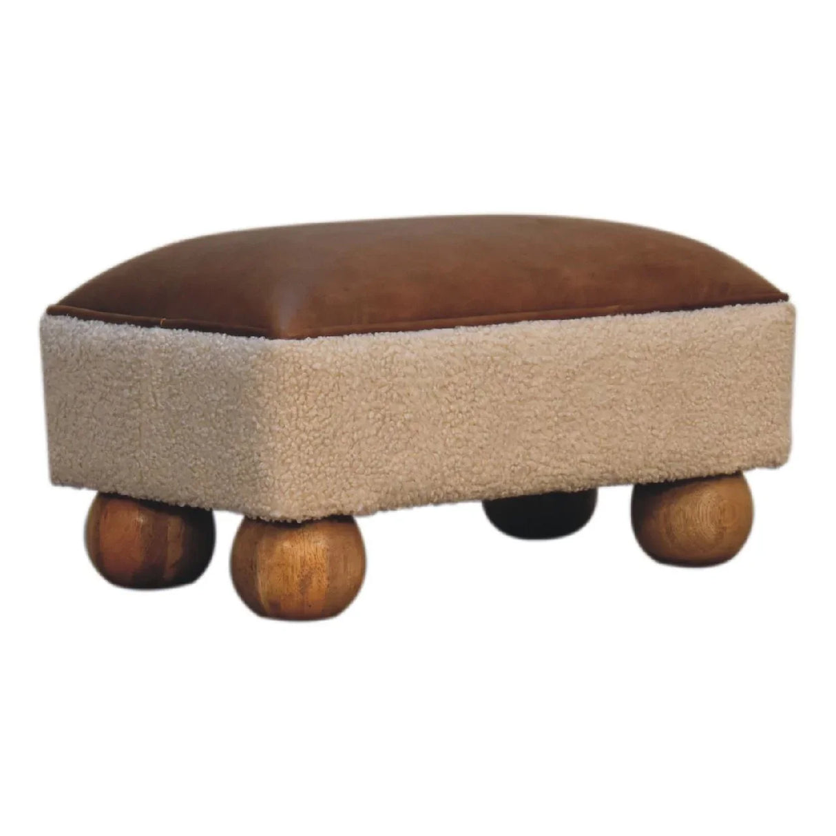 Vintage Leather Boucle Ball Footstool - Brown - Furniture Home Direct