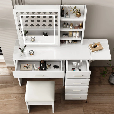 Fashion Vanity Desk With Mirror And Lights For Makeup, 5 Drawers, Adjustable Lighting - White - Furniture Home Direct