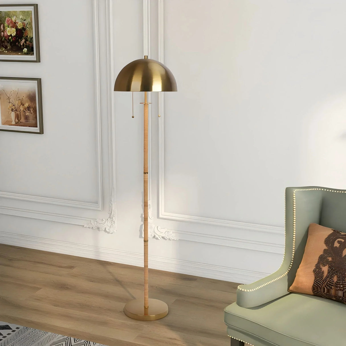 Allure - 2 Light Floor Lamp, Gold, Natural Tube, Double On / Off Pull Chain - Gold / Rattan - Furniture Home Direct