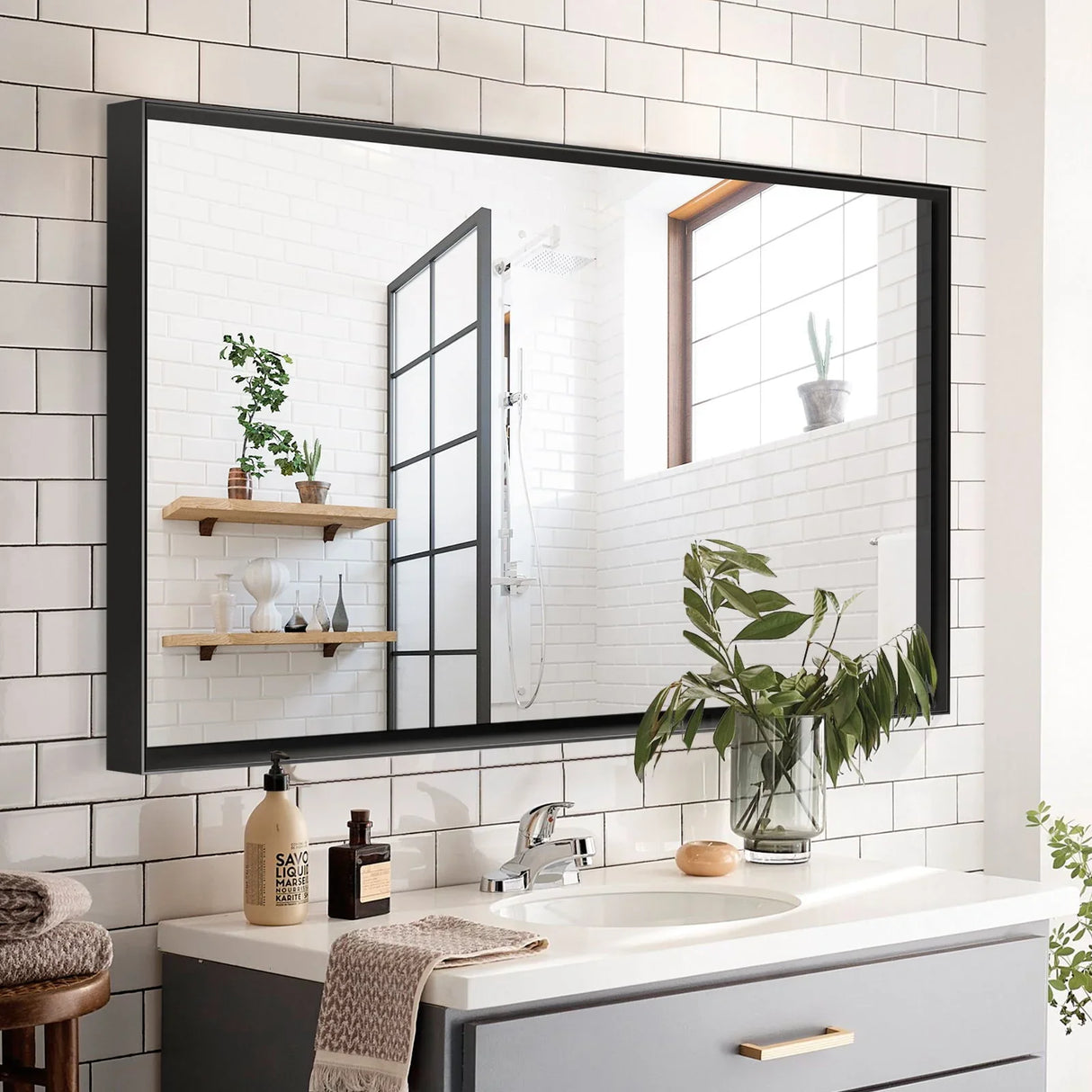 Rectangular Bathroom Mirror Square Angle Metal Frame Wall Mounted Hanging Plates Wall Mount Mirror For Bathroom (Horizontal & Vertical) - Furniture Home Direct