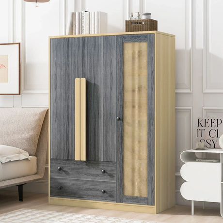 3 Doors Rattan Wardrobe Storage For Bedroom, With 2 Drawers - Furniture Home Direct