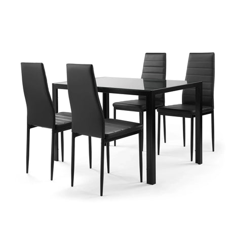 5 Pieces Dining Table Set For 4, Kitchen Room Tempered Glass Dining Table, 4 Faux Leather Chairs - Black - Furniture Home Direct