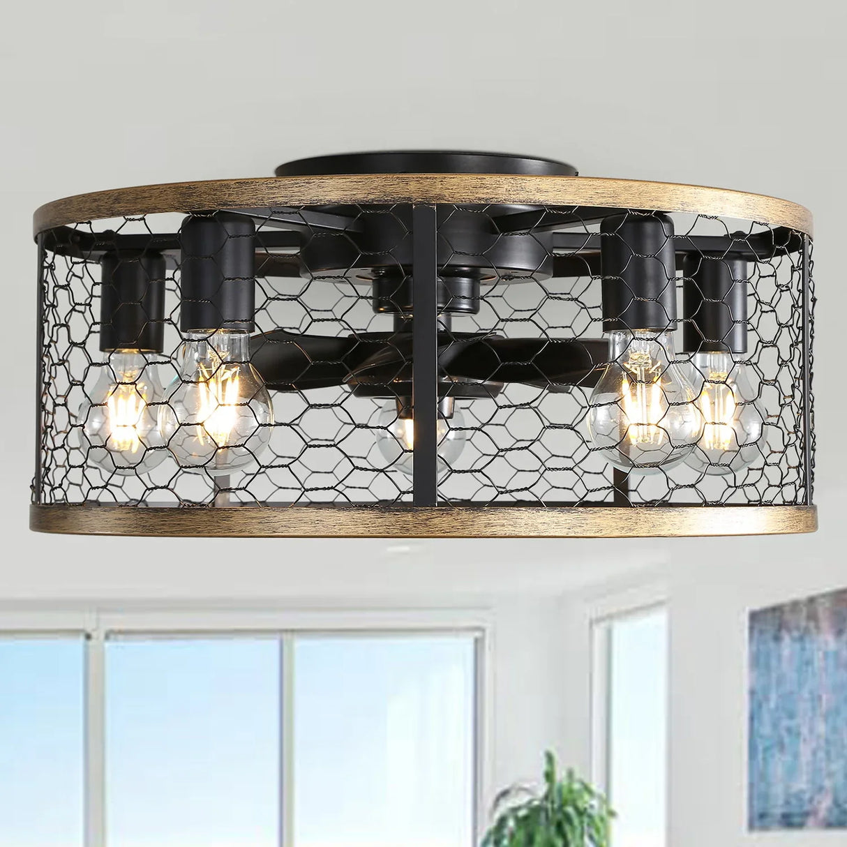 20" Industrial Caged Ceiling Fan, With 7 - ABS Blades Remote Control Reversible DC Motor, Small Flush Mount Ceiling Fan For Farmhouse - Black - Furniture Home Direct