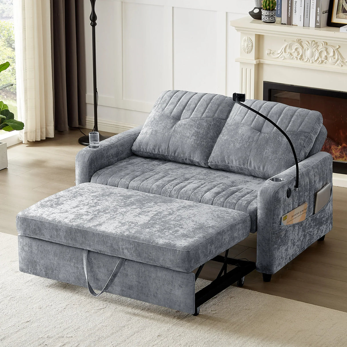 Sleeper Sofa With Adjustable Backrest, Two Cup Holders, Phone Holder, Three Charging Ports And Side Storage Pockets - Gray - Furniture Home Direct