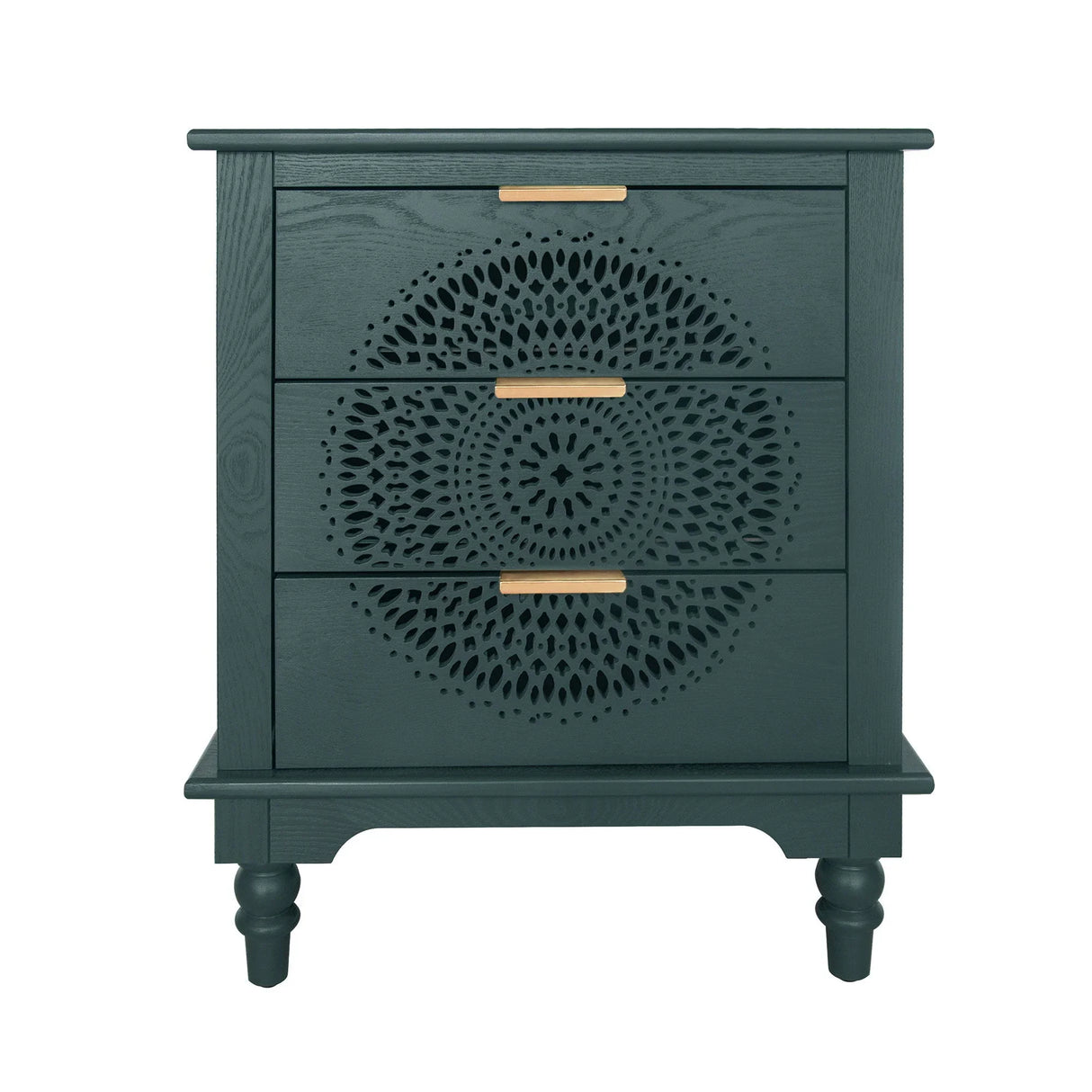Hollow Carved 3 Drawer Dresser With Metal Handles, Storage Chest For Living Room Or Bedroom - Blackish Green - Furniture Home Direct