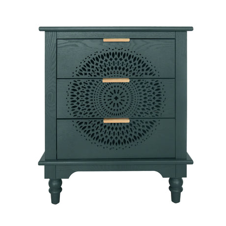 Hollow Carved 3 Drawer Dresser With Metal Handles, Storage Chest For Living Room Or Bedroom - Blackish Green - Furniture Home Direct
