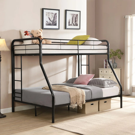 Modern Twin Over Full Metal Bunk Bed With Trundle And Dual Side Ladder And Metal Design - Black / Brown - Furniture Home Direct