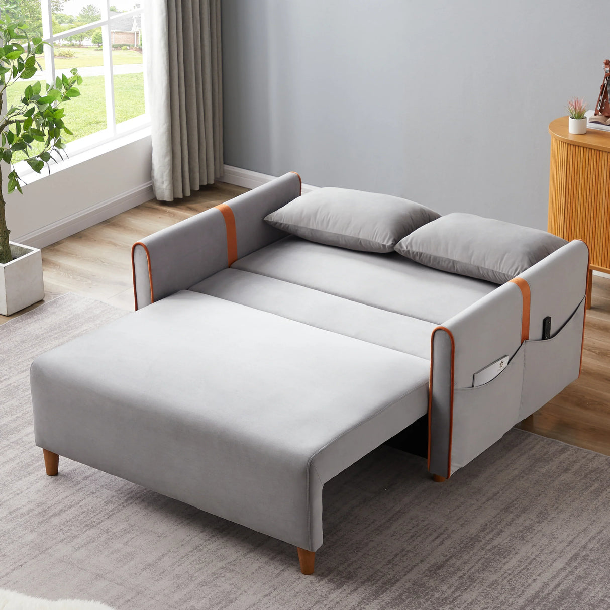 Convertible Comfortable Sleeper Velvet Sofa Couch with Storage for for Living Room Bedroom Sofabed Gray - Furniture Home Direct