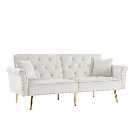 Velvet Tufted Sofa Couch With 2 Pillows And Nailhead Trim - Furniture Home Direct