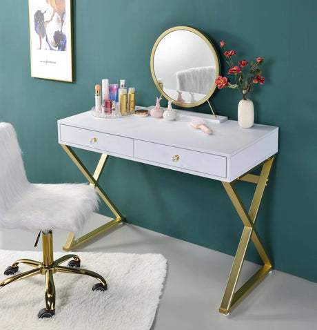 Vanity Desk With Mirror And Jewelry Tray Gold Legs White - Furniture Home Direct