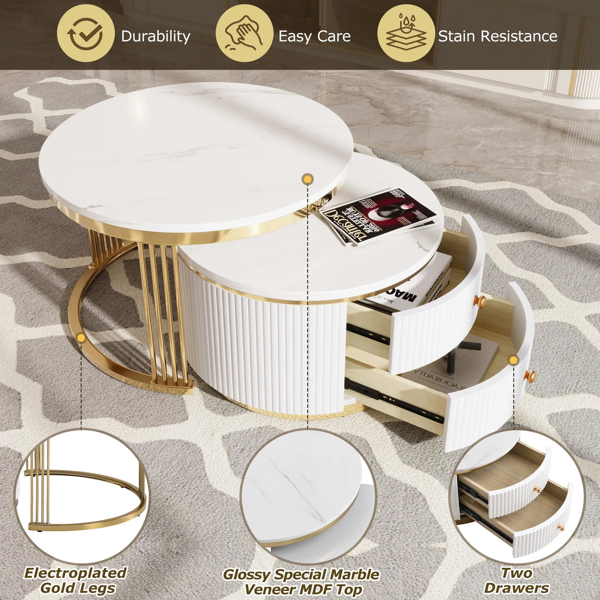 Nesting Coffee Tables With Drawers Round White And Gold - Furniture Home Direct