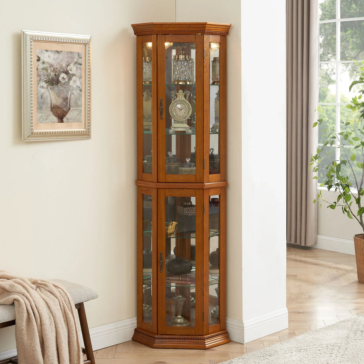 Corner Curio Cabinet With Lights, Adjustable Tempered Glass Shelves, Mirrored Back, Display Cabinet (E26 Light Bulb Not Included) - Furniture Home Direct