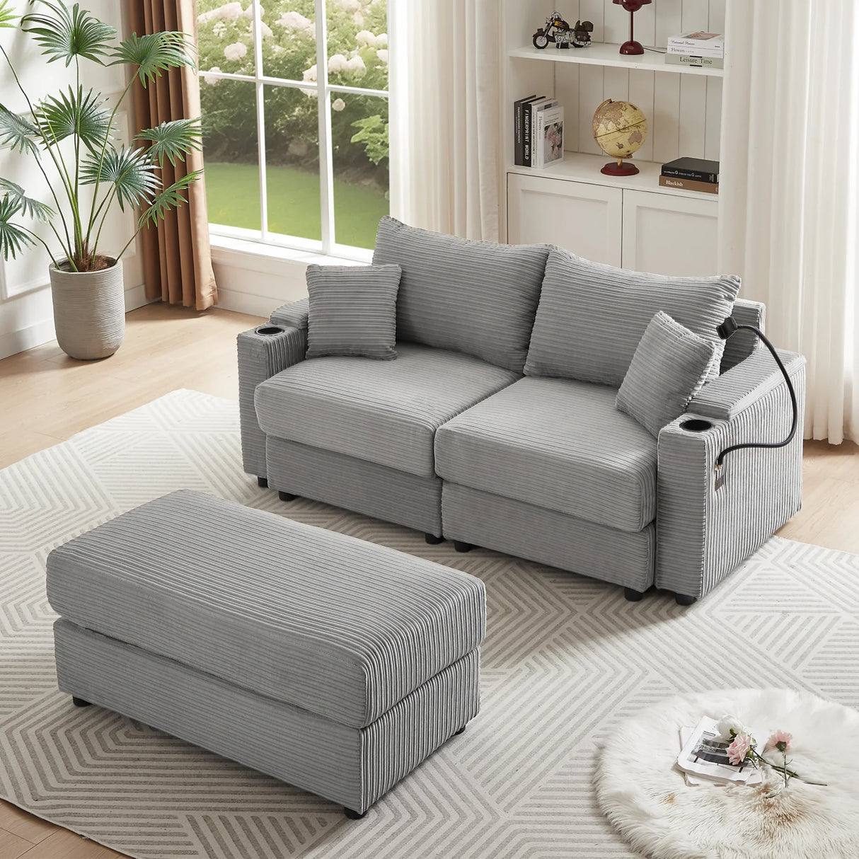 Modern Style Loveseat With Storage, Ottoman, Two USB Ports, Two Cup Holders and Phone Holder - Gray - Furniture Home Direct