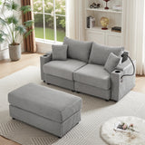 Modern Style Loveseat With Storage, Ottoman, Two USB Ports, Two Cup Holders and Phone Holder - Gray - Furniture Home Direct