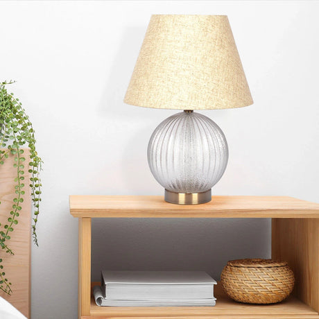 Serenity - Round Ribbed Lamp Base Clear Table Lamp Large Linen Shade - Clear / Gold / Natural - Furniture Home Direct