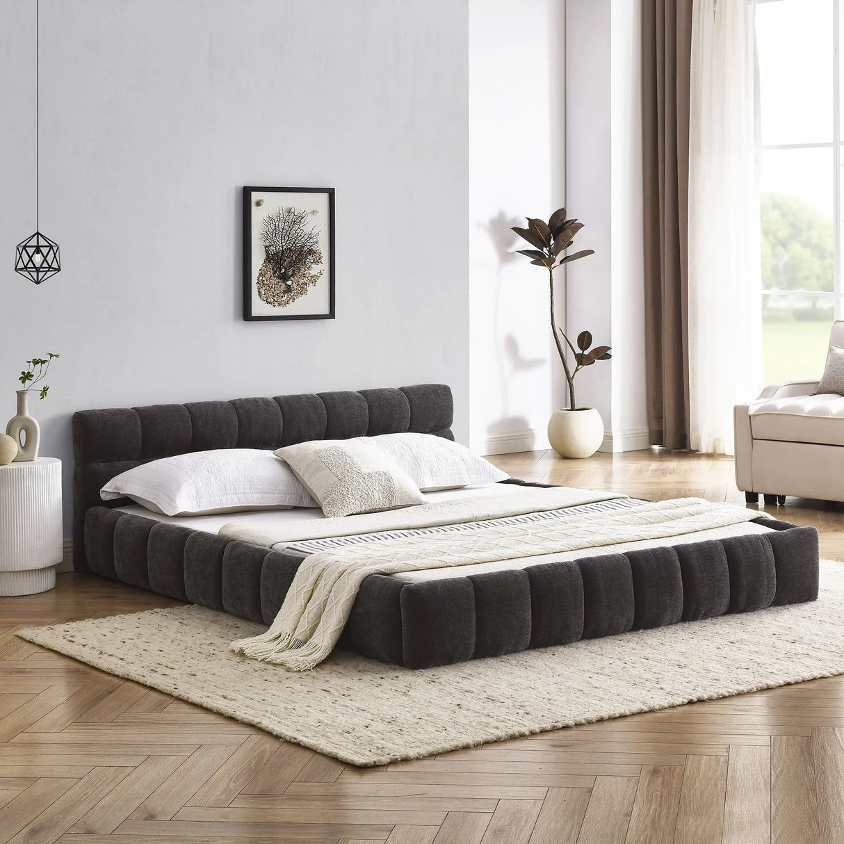 Modern Platform Bed Frame With Thick Chenille Fabric - Furniture Home Direct