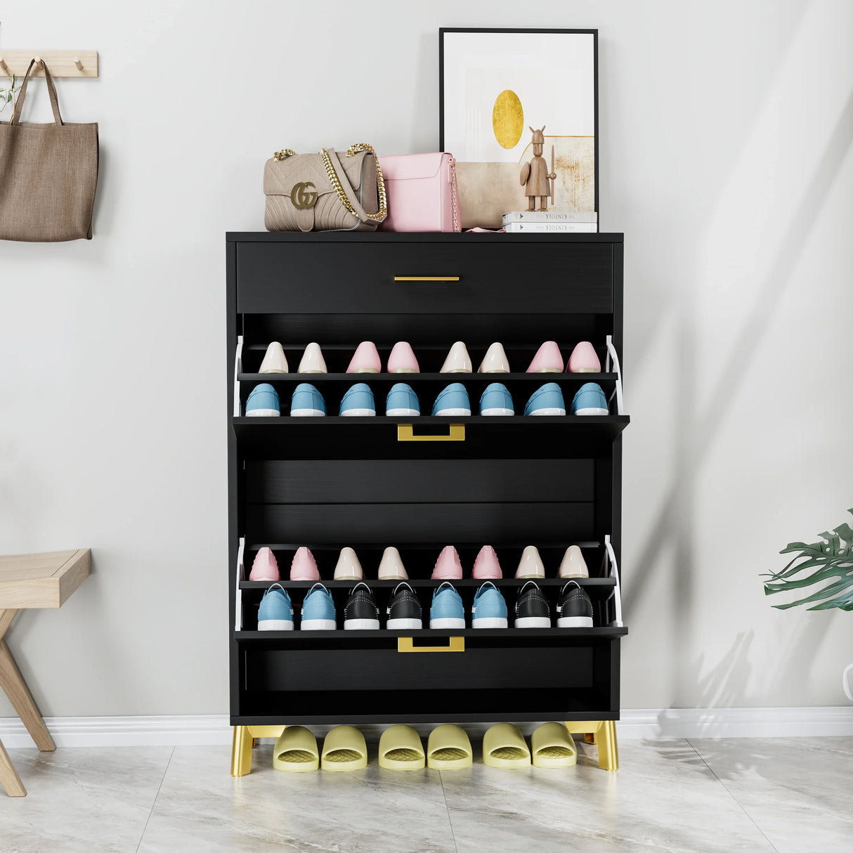 Shoe Storage Cabinet with 2 Flip Drawers - Black - Furniture Home Direct