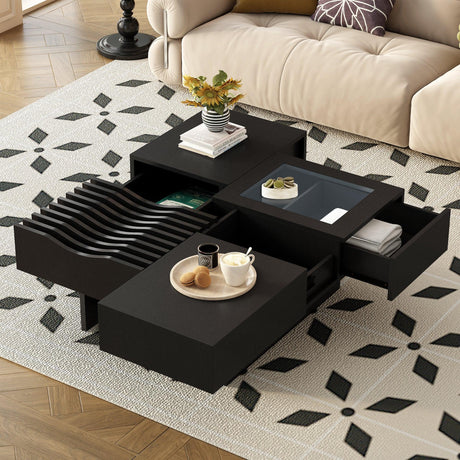 Coffee Table Mid Century Modern Wood Slotted Surface Black - Furniture Home Direct