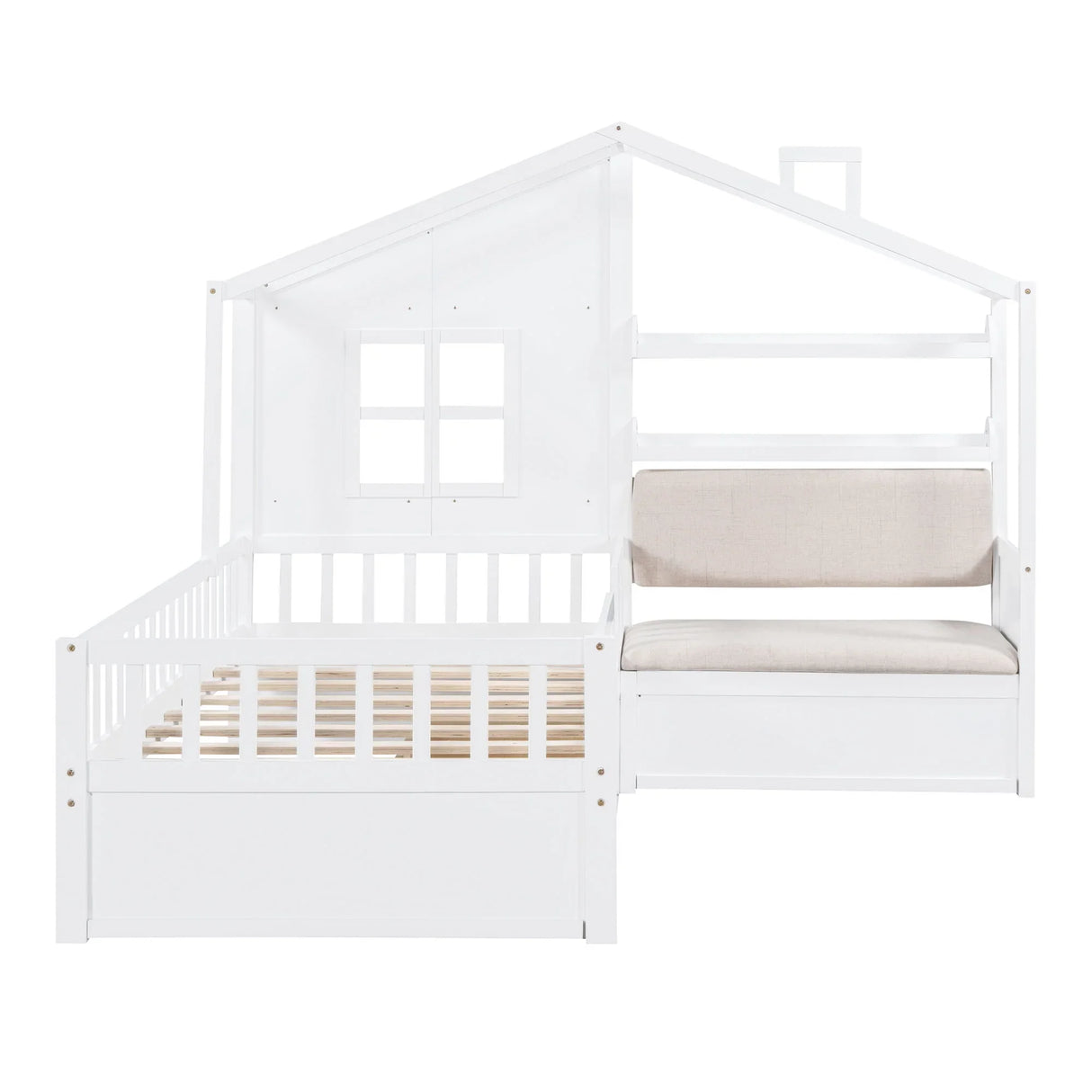 House Bed With Sofa, Kids Platform Bed With 2 Drawers And Storage Shelf - Furniture Home Direct