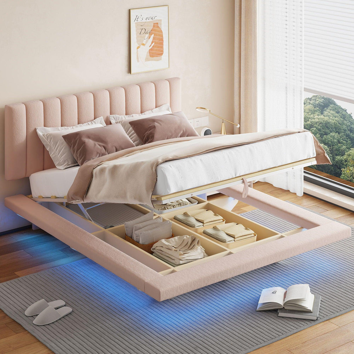 Upholstered Floating Hydrualic Platform Bed With LED Light And USB Port - Furniture Home Direct