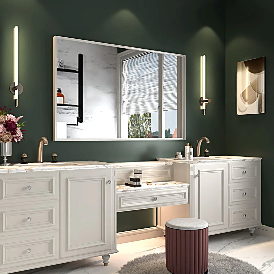 Rectangular Wall-Mounted Beveled Bathroom Mirror, Square Angle Metal Frame Wall Mounted Bathroom Mirrors For Wall (Horizontal & Vertical) - Glossy White - Furniture Home Direct