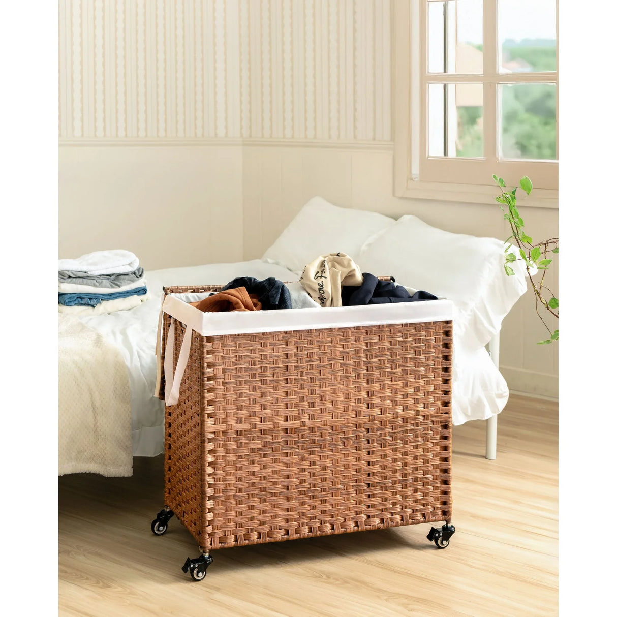 Laundry Hamper With Lid PE Rattan Powder Coating Frame Clothes Hampers With 2 Removable Bags - Furniture Home Direct
