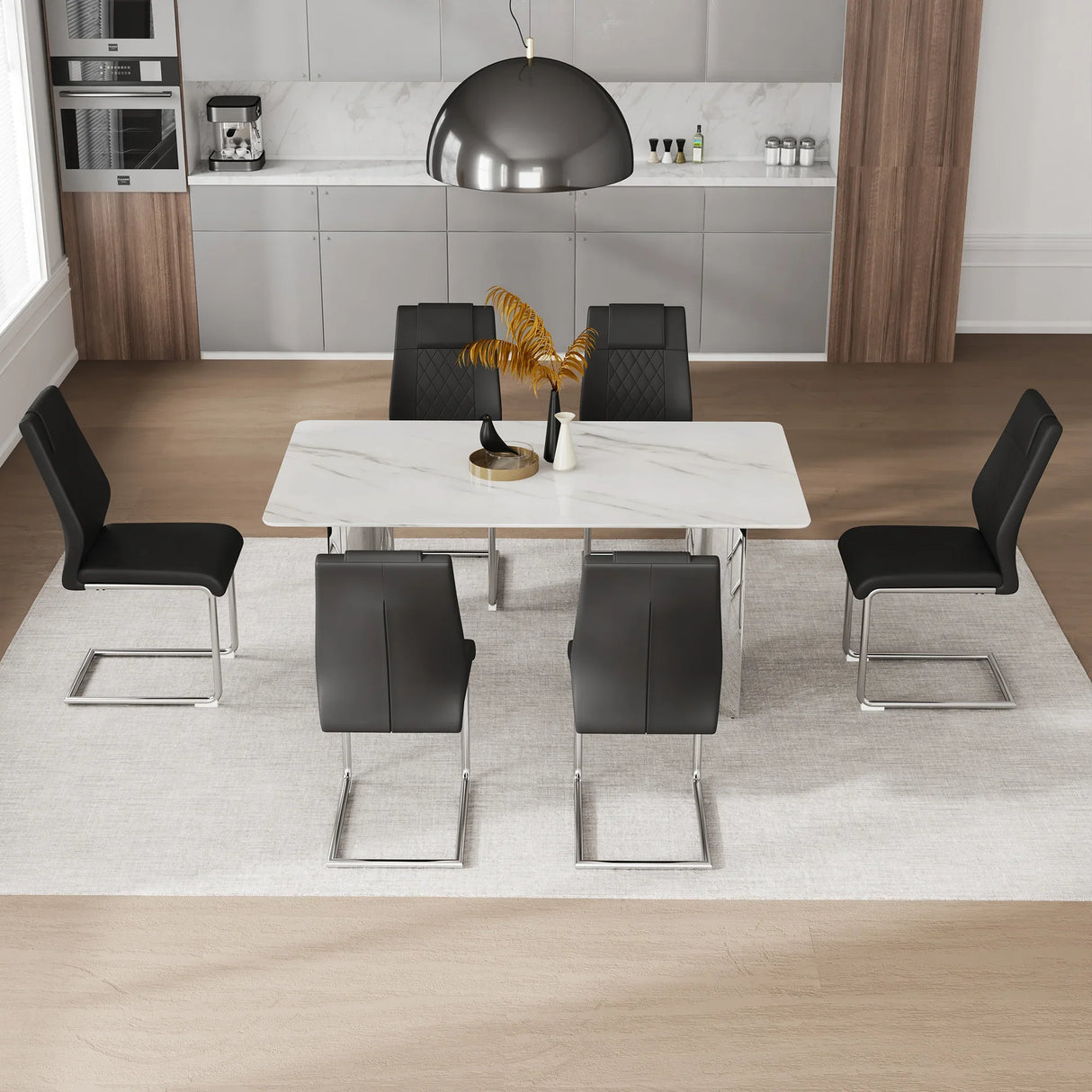 Dining Set Marble Table With Black Upholstered Chairs White - Furniture Home Direct