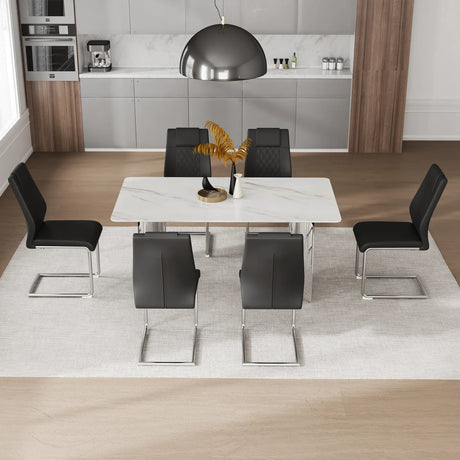 Dining Set Marble Table With Black Upholstered Chairs White - Furniture Home Direct