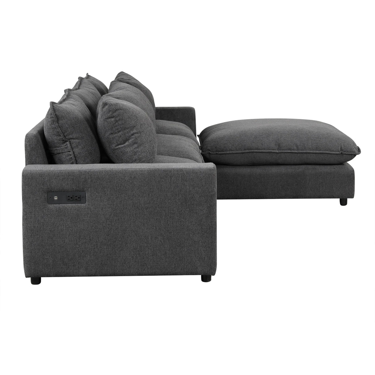 Chenille Cloud Sectional with Ottoman, Charging Ports and Three Back Pillows - Grey - Furniture Home Direct
