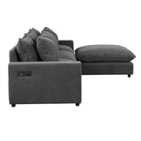 Chenille Cloud Sectional with Ottoman, Charging Ports and Three Back Pillows - Grey - Furniture Home Direct