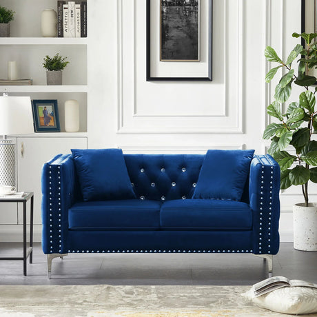 Wide Sofa With Jeweled Buttons Square Arm, 2 Pillows - Furniture Home Direct