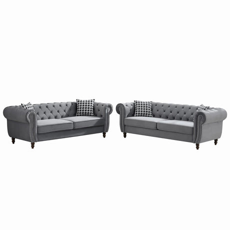 Chesterfield Velvet Upholstery Fabric Sofa With Roll Armrest & Nailhead, Mid Century Modern 3 And 3 Seater Couch - Furniture Home Direct