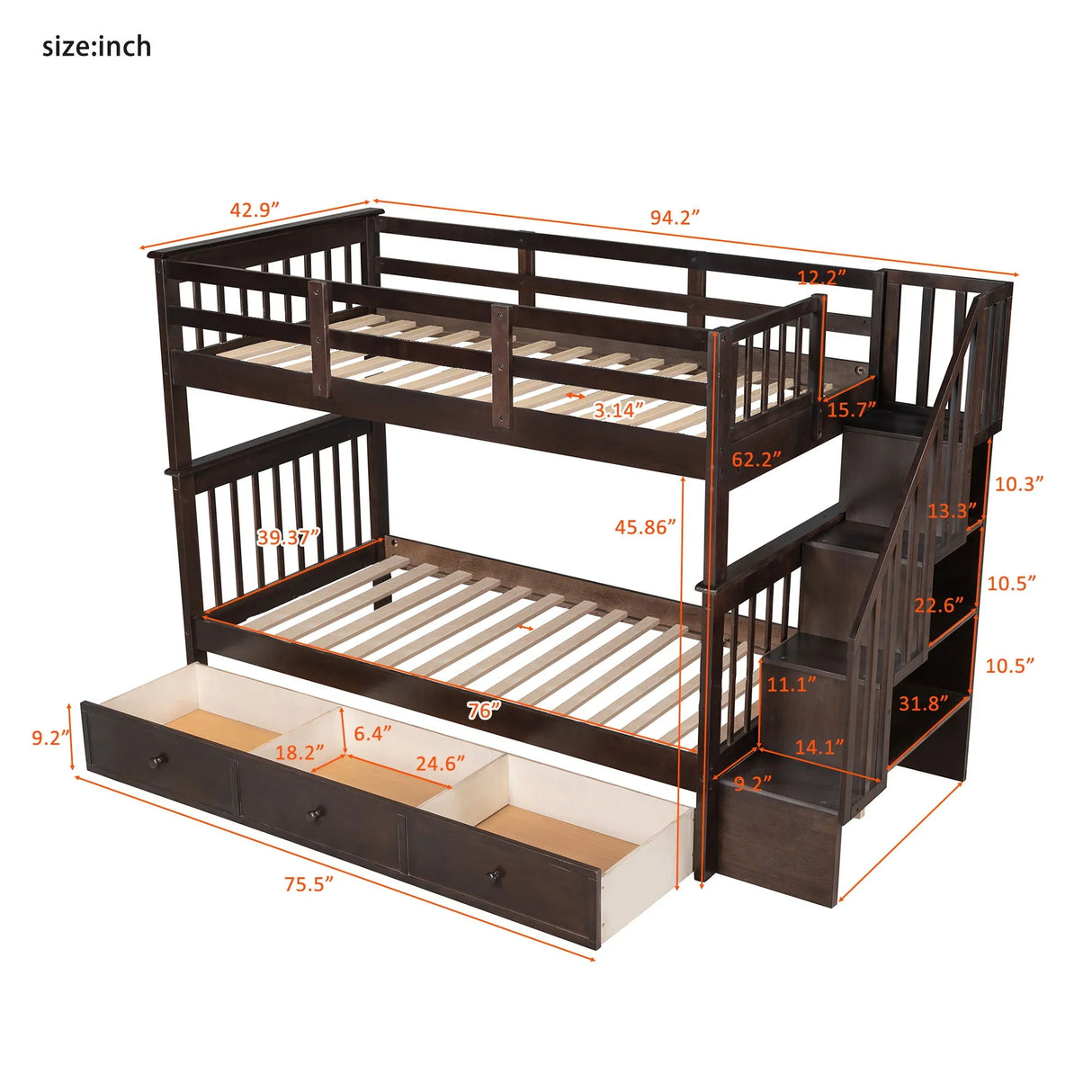 Stairway Bunk Bed With Storage And Guard Rail For Bedroom - Furniture Home Direct