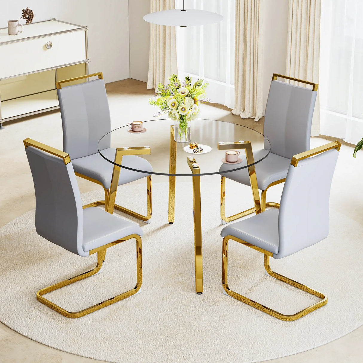 Dining Table Round Glass Top With Gold Legs Transparent - Furniture Home Direct