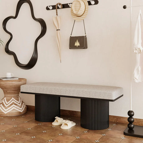 Upholstered Bench With Black Chunky Legs Boucle Contemporary Style Bed-End Bench For Bedroom Living Room - Light Gray - Furniture Home Direct