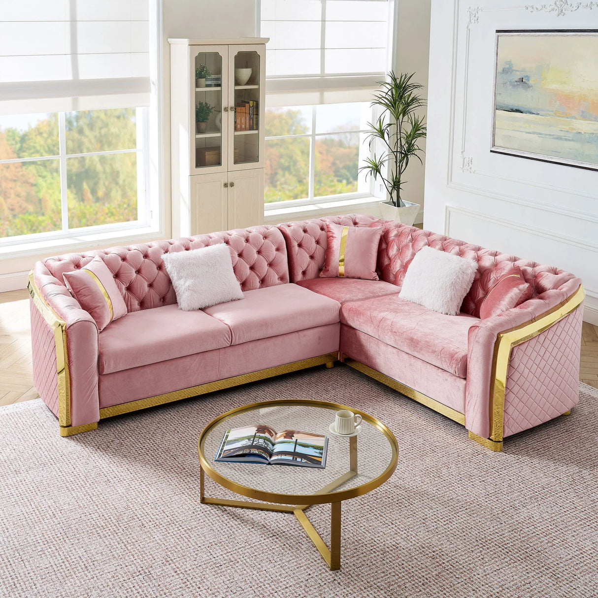 L Shaped Chesterfield Sectional Sofa With Stainless Steel Accents - Furniture Home Direct