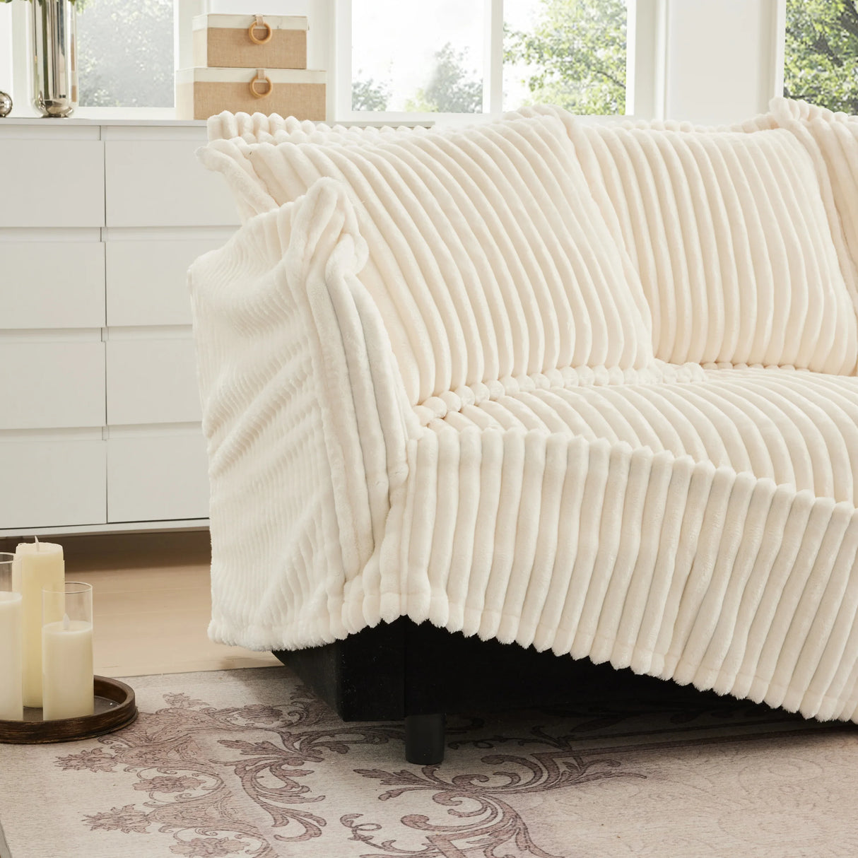 Corduroy Long Stationary Sofa - Cream - Furniture Home Direct