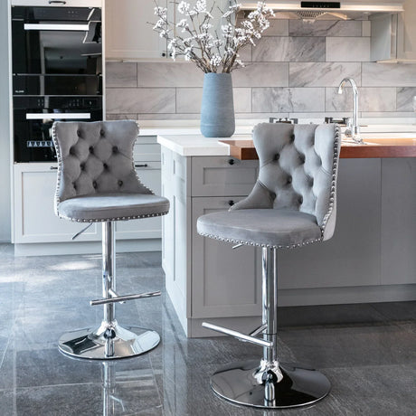 Swivel Velvet Barstools Adjusatble Seat Height From 25-33", Modern Upholstered Chrome Base Bar Stools With Backs Comfortable Tufted For Home Pub And Kitchen Island (Set of 2) - Furniture Home Direct