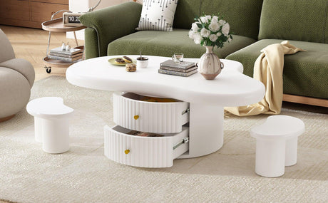 Cloud - Coffee Table (Set of 3), Irregular Shape Coffee Table With 2 Drawers, 2 Small Stools For Living Room - White - Furniture Home Direct