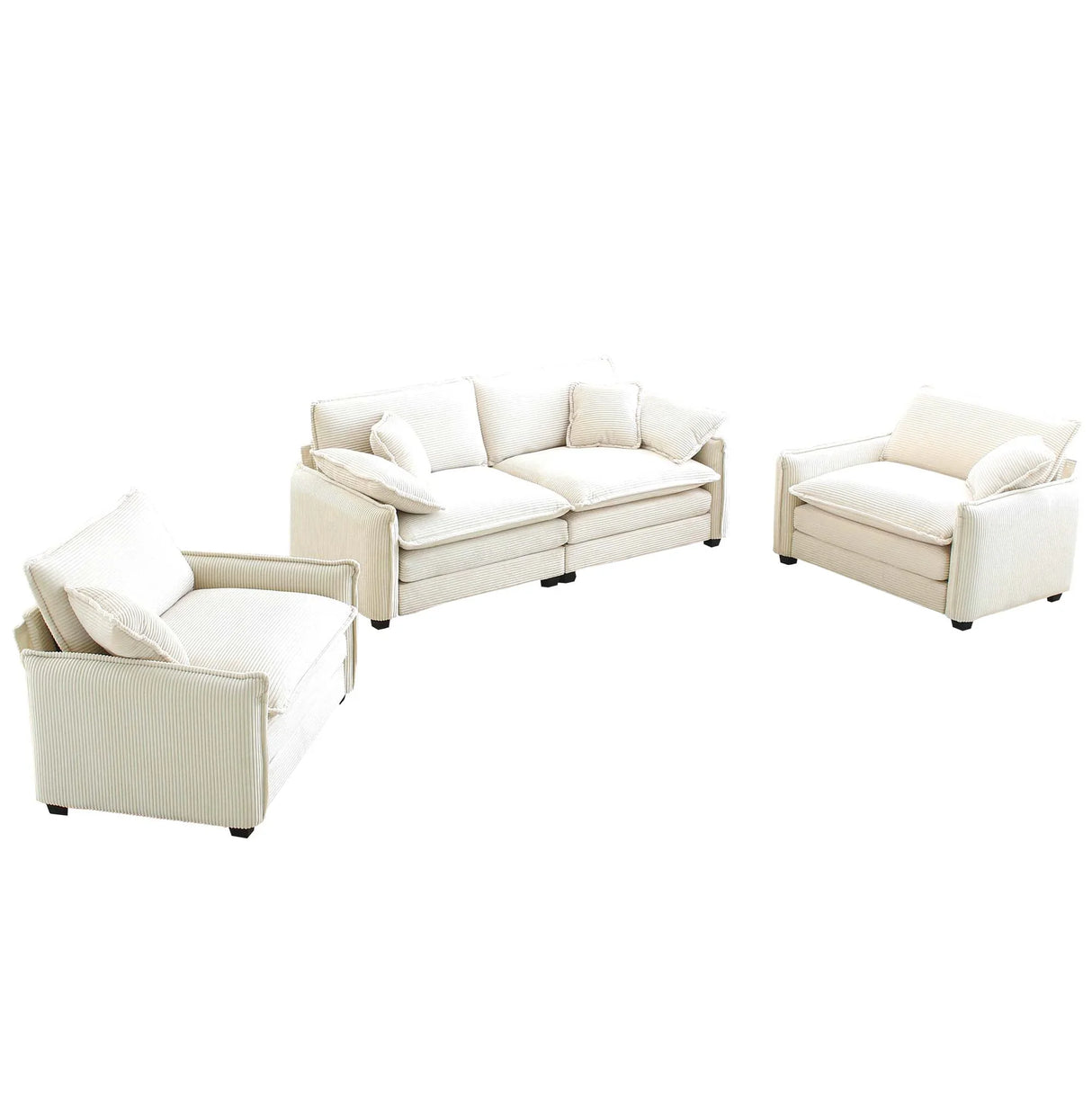 Luxurious and Sophisticated 3 Piece Corduroy Living Room Set with Soft Cushions and Pillows - White - Furniture Home Direct