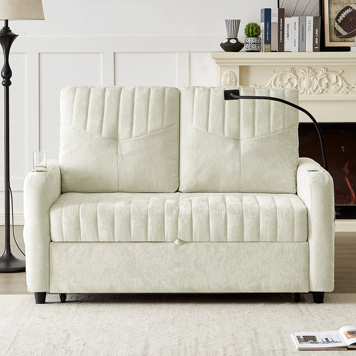 Sleeper Sofa With Adjustable Backrest, Two Cup Holders, Phone Holder, Three Charging Ports And Side Storage Pockets- Beige - Furniture Home Direct