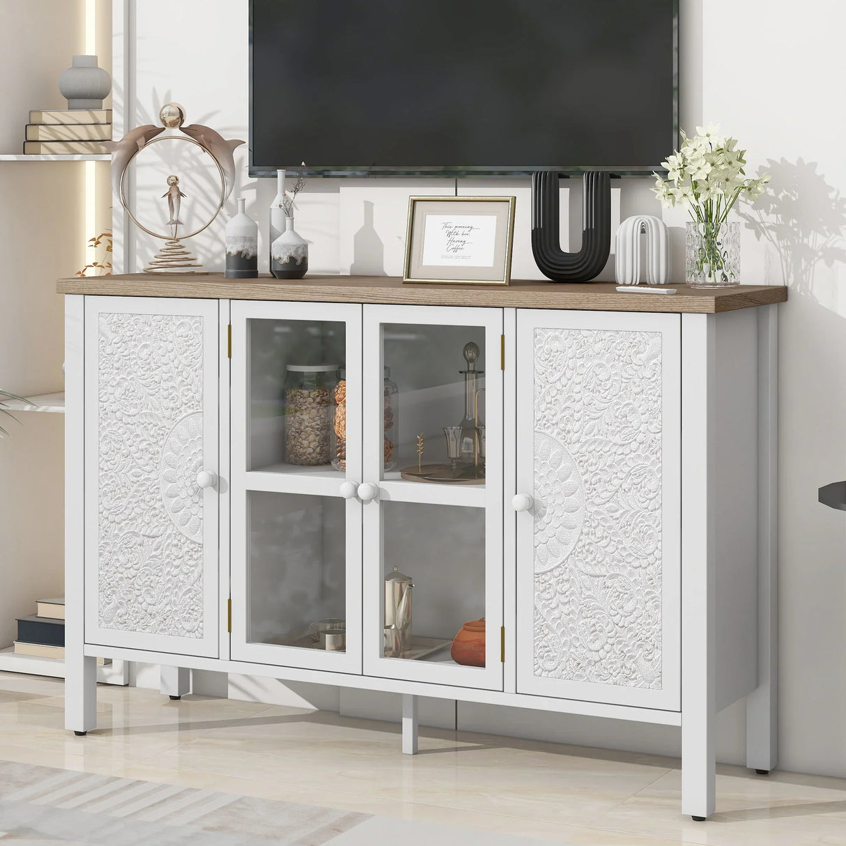 Retro TV Stand With 3 Spacious Cabinets, Glass Cabinet Doors And Anti-Tip Device - Furniture Home Direct